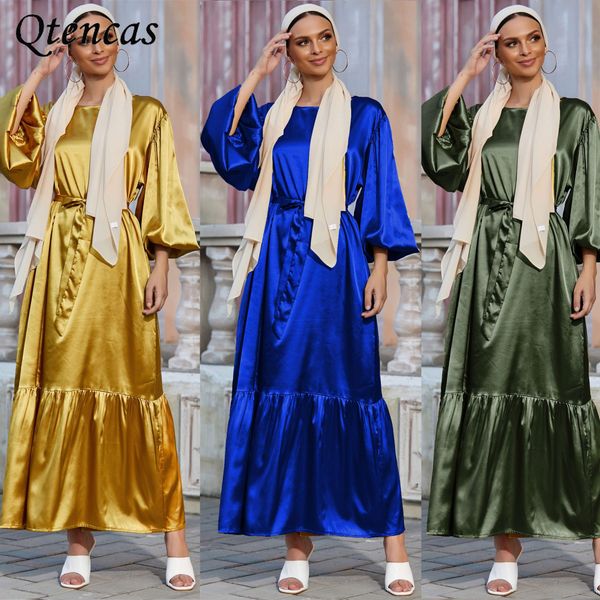 

ramadan eid abaya dubai muslim hijab dress arabic abayas puff sleeves imitated silk summer maxi dresses for women islam clothing, Red