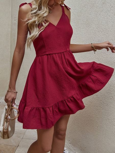 

textured ruffle hem tie shoulder cami dress 94pp#, Black;gray