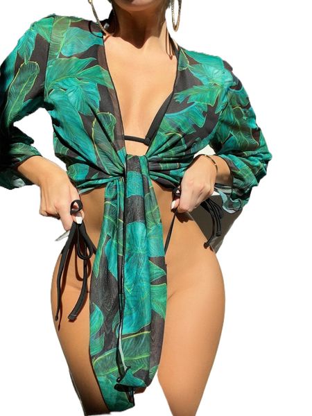 

tropical print halter triangle bikini swimsuit with kimono 18wf#, White;black