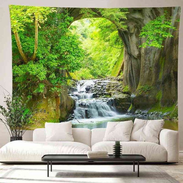 Paisagem Rainbow Falls Tapestry Beautiful Floresta Natural Grande Taço de Fazenda de Fazenda de Picnic Mat Farm J220804