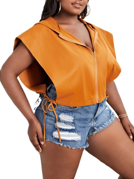 

sxy plus knot side zip up hooded blouse r4vf#, Black