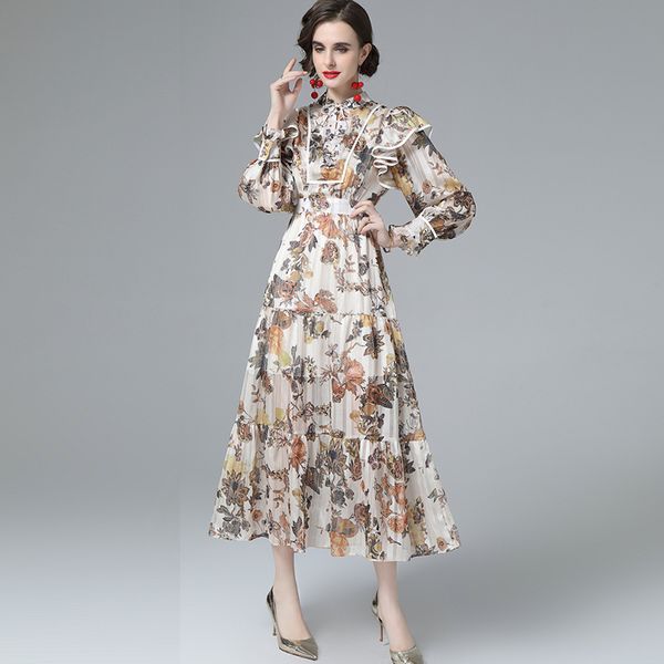 

women's runway dress stand collar long sleeves printed ruffles elegant high street fashion midi dresses vestidos, Black