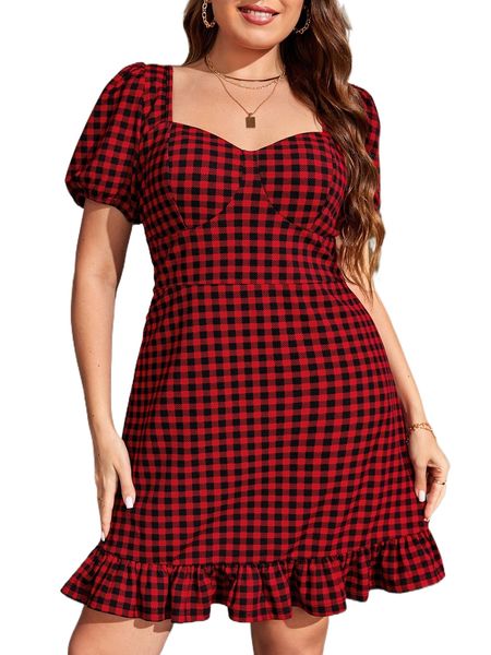 

plus gingham print puff sleeve ruffle hem dress d8fu#, Black