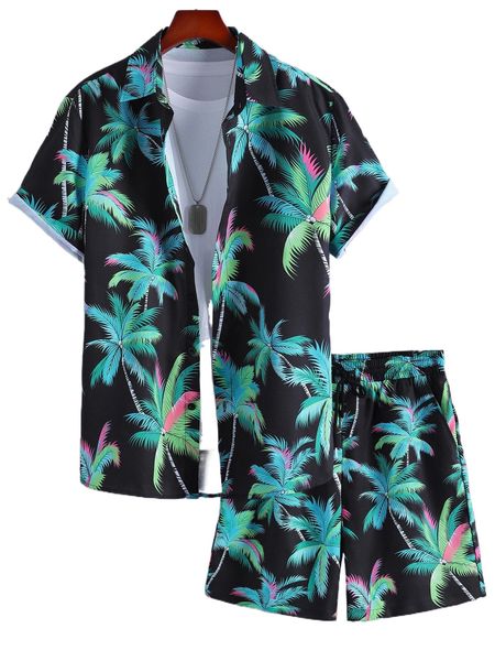 

men random tropical print shirt & shorts without tee 05qm#, Gray