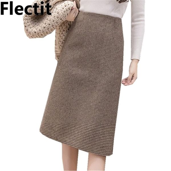 

flectit fall winter warm wool houndstooth high waist pencil midi skirt slim knee length back split work skirt plus size s  210306, Black