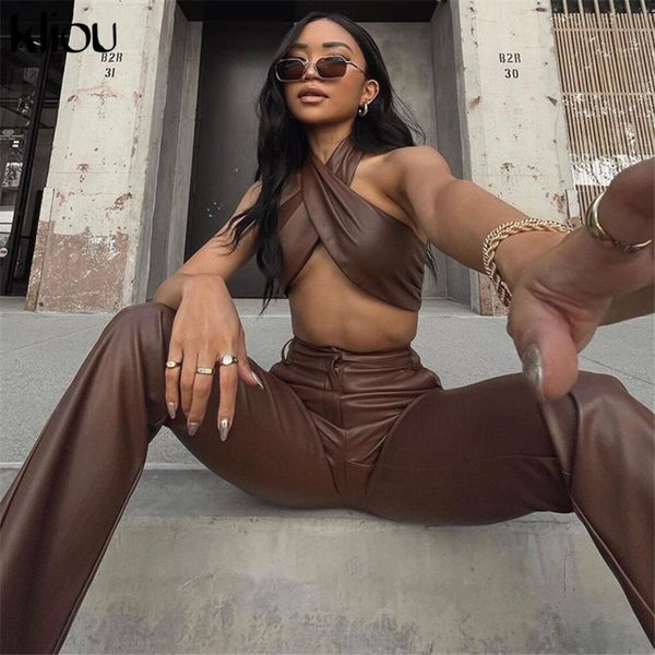 

faux pu leather two piece set women sleeveless criss cross lace halter straight solid high street female pants, White