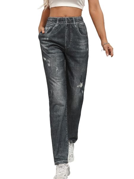 

ripped print slant pocket straight leg chambray pants r9pi#, Black;white