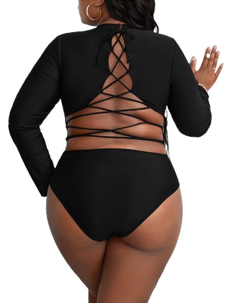 

plus lace up back one piece swimsuit 43ya#, White;black