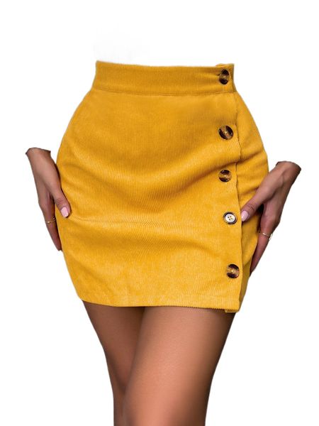 

high waist single breasted corduroy skirt b1oh#, Black