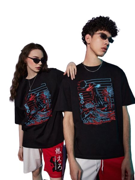 

romwe ufo print tee e6po#, White;black