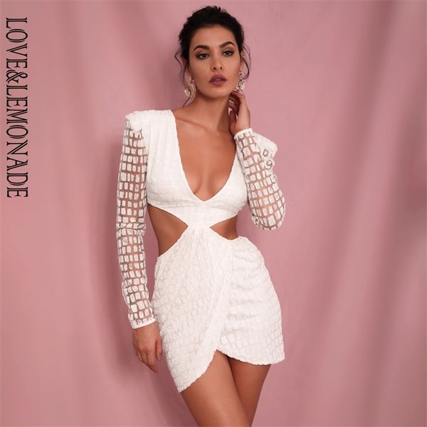 LOVELEMONADE Sexy weißes, tiefes V-Ausschnitt, offener Rücken, Kreuz, Glitzer, geklebtes Material, schmale Passform, Partykleid LM82065 220507