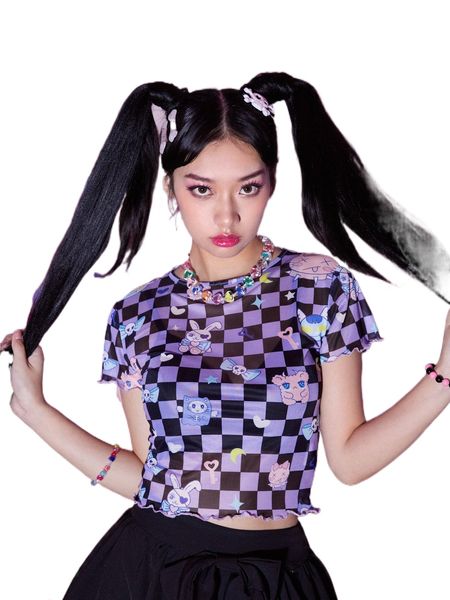 

romwe anime cartoon print plaid lettuce trim crop 92wg#, White