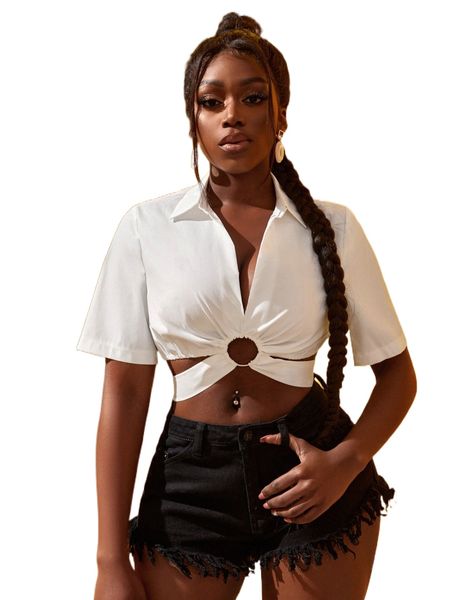 

sxy o-ring tie back crop blouse r6dd#, White