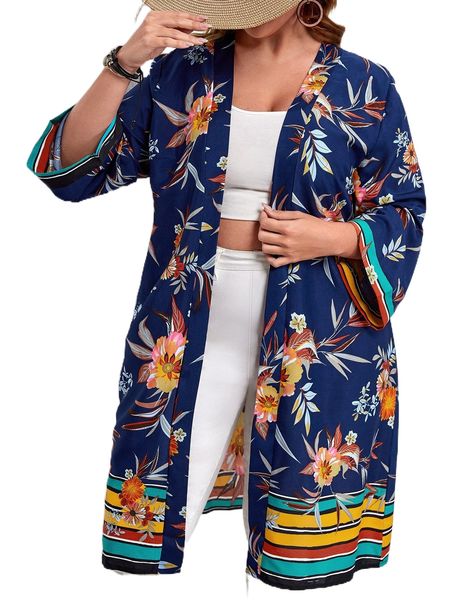 

plus floral & striped print kimono k9dm#, Black;gray