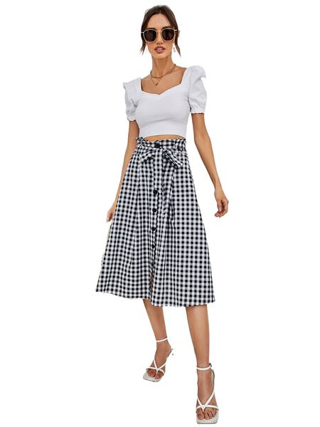 

gingham button through belted paperbag skirt t1kk#, Black