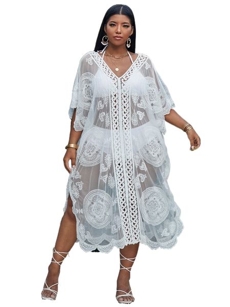 

plus embroidery mesh scallop trim cover up x9qg#, Black