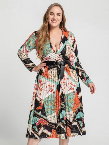 

plus floral scarf print plunging neck belted pleated hem dress b1au#, Black