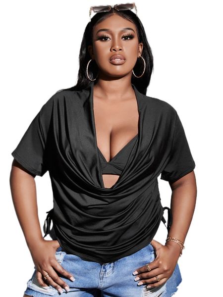 

plus draped drawstring side tee w4iz#, Black