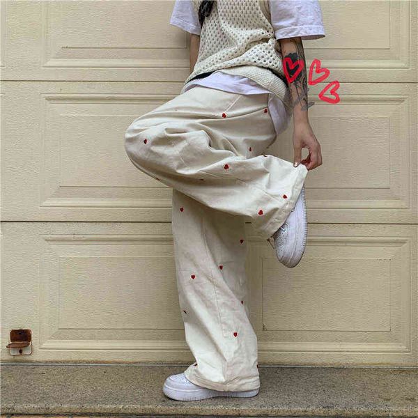 

womens jeans casual wide pipe pants heart shaped embroidery elastic waist streetwear retro baggy straight jeans wide pipe pants l220726, Blue