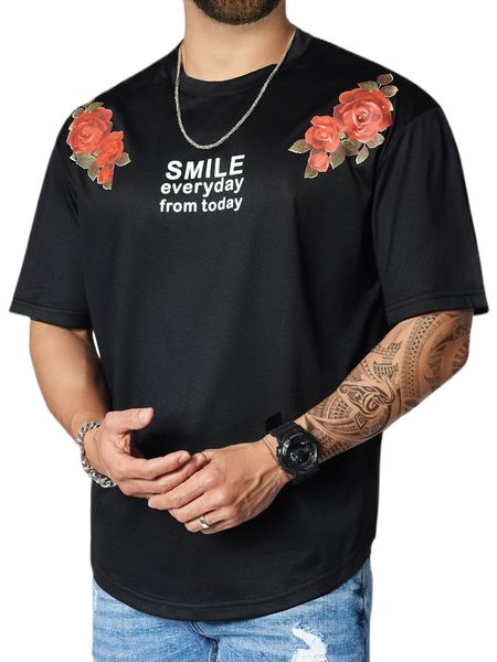 

men floral & slogan graphic tee a9yc#, White;black