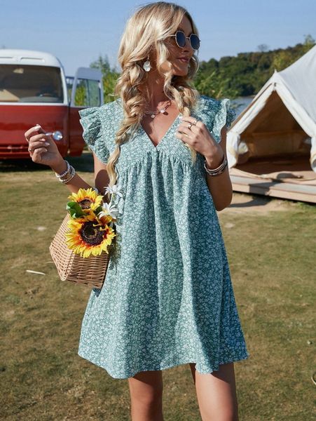 

ditsy floral butterfly sleeve smock dress j3cj#, Black;gray
