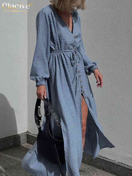 

clacive v-neck blue midi dress ladies bodycon fashion long sleeve slit dress elegant single-breasted dresses for women 2022 t220804, Black;gray