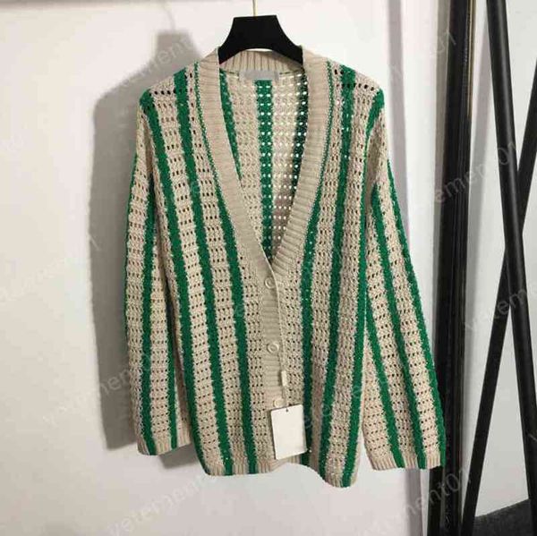 

fashion women dress vertical stripes colorblock hollow v-neck knit cardigan beige elegant luxury designer women clothing 0912, White;black