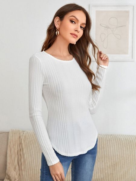 

rib-knit curved hem tee 74yv#, White