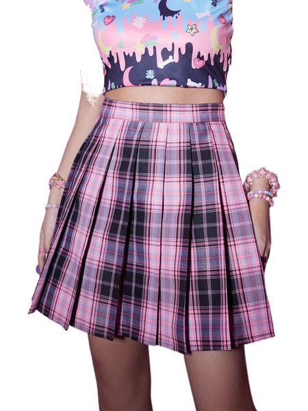 

romwe anime plaid pleated skirt y8wc#, Black