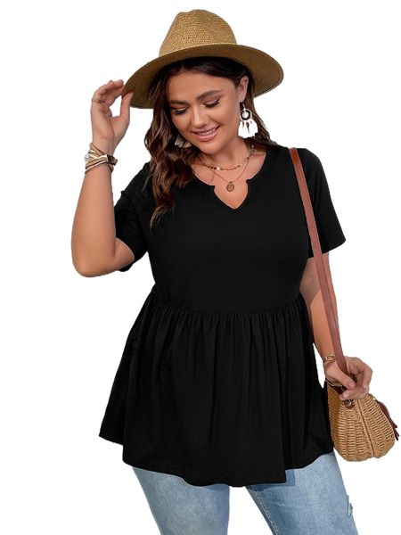 

plus notched neck peplum tee k20v#, Black