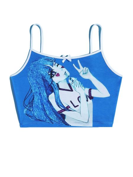 

x sweet sailor sketches figure graphic contrast binding bow front cami 74lf#, White