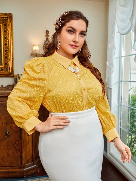 

plus embroidery puff sleeve blouse with camisole v3hx#, Black