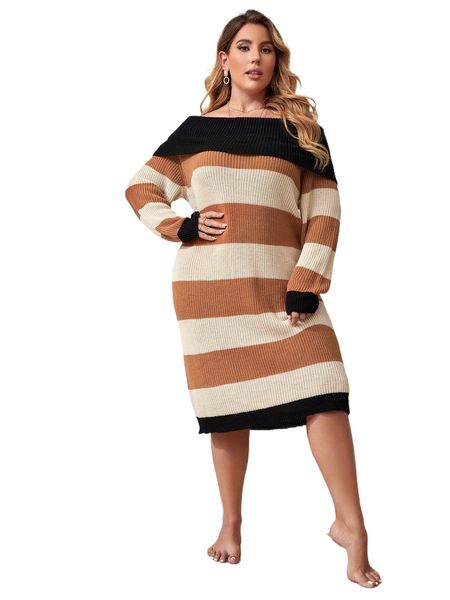 

plus off shoulder fold over color block sweater dress 40rc#, Black