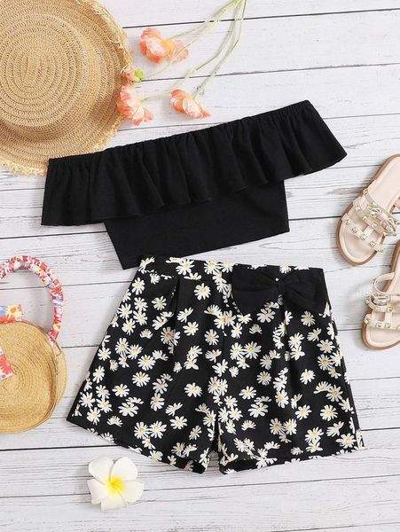 

girls off the shoulder foldover & ditsy floral print shorts she, White