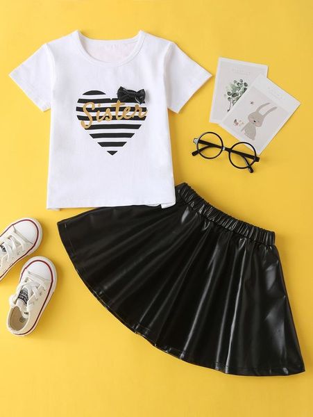 

toddler girls heart print tee with pu skirt she, White