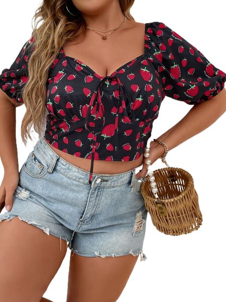 

plus strawberry print tie front blouse i7mk#, Black