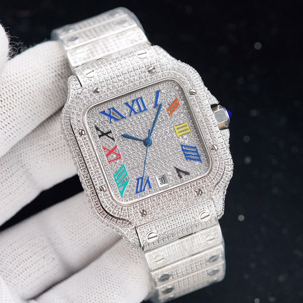 

full diamonds mens watch automatic mechanical watches 40mm with diamond-studded steel bracelet wristwatch fashion business wristwatches mont, Slivery;brown