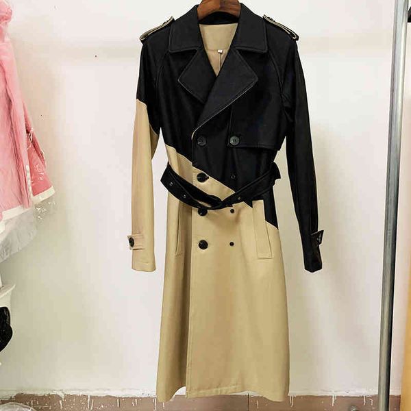 

women's trench coats 2022 autumn and winter high-end goods star personality asymmetric leather splicing belt long windbreaker coat j25x, Tan;black