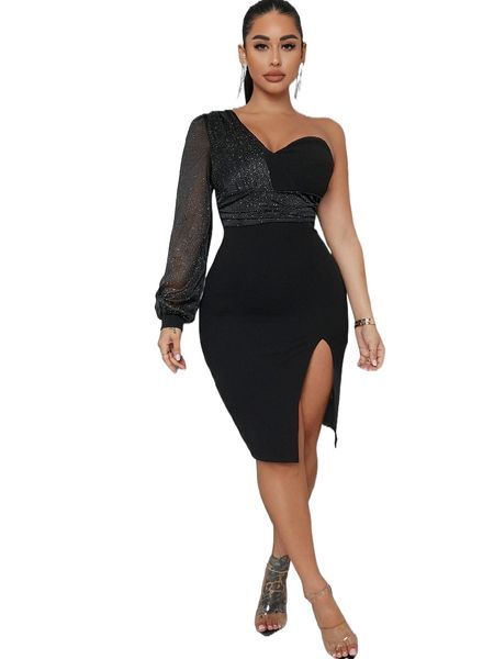 

one shoulder glitter detail high split dress f0oo#, Black;gray