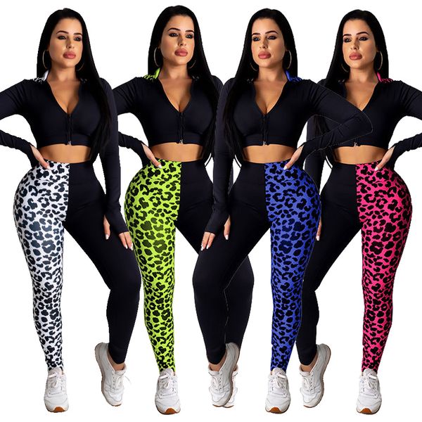

sports suit women's two piece pants fall fashion knitted leopard print patchwork hood with contrast pants set, White