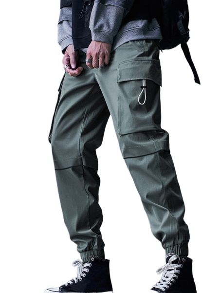 

men drawstring flap pocket side cargo pants d9h7#, Black