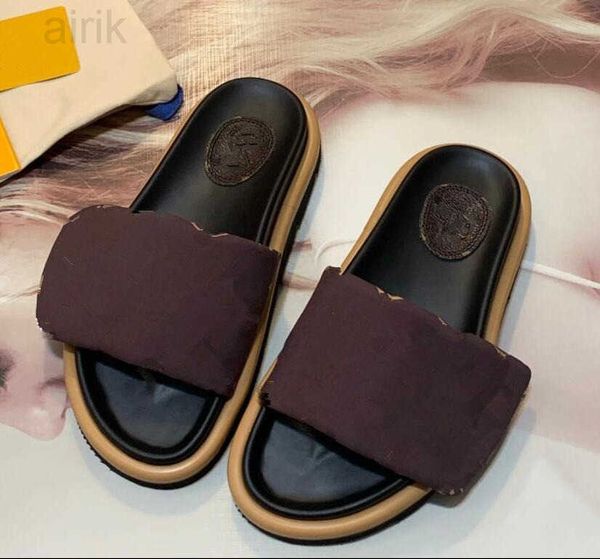 

2022 latest pool pillow comfort mules women fashion slippers ladies nylon wide strap letter printed 4 colors lady leather sunset flat rubber, Black