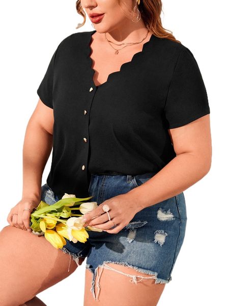 

plus button front scallop trim blouse e6ke#, Black