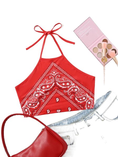 

paisley print crop halter d02m#, White