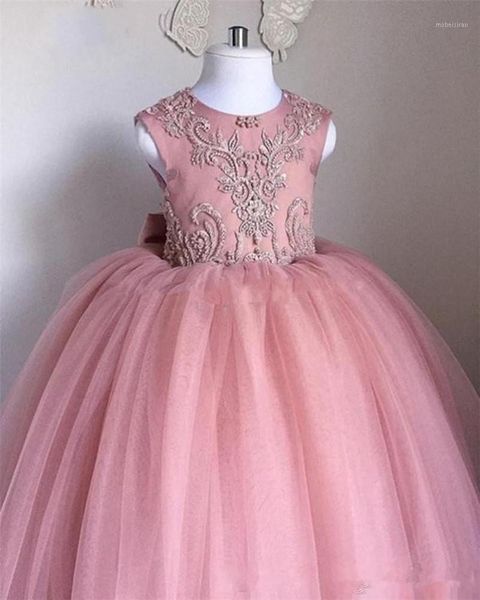 Abiti da ragazza Ragazza di fiore rosa per matrimoni Abito da ballo Scoop Tulle Fiocco con perline Scollato lungo Prima comunione Bambine