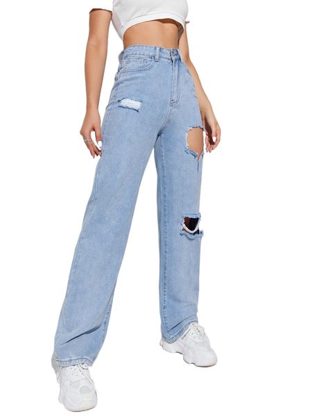 

high waist ripped straight leg jeans s92g#, Blue