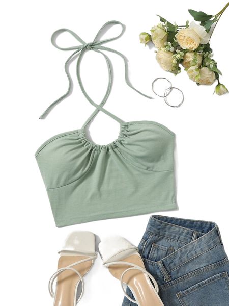 

petite drawstring tie backless crop halter c5sb#, White