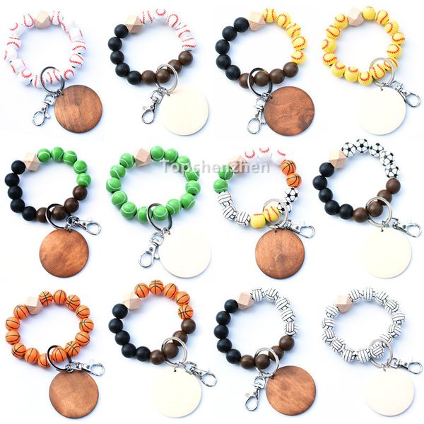 Wooden Beaded Sports Keychain Bracelet - Soccer Baseball Basketball Pendant Bangle Wristlet with Metal Key Ring. Unique Style for Party Favors.
