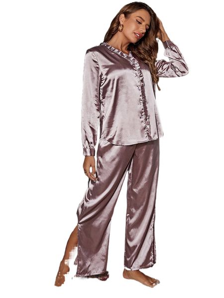 

frilled slit hem satin pj set a1et#, Black;red
