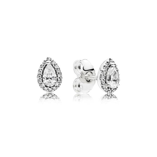 

authentic 925 silver teardrop halo stud earrings women girls wedding gift with original box for pandora 18k rose gold sparkling earring, Golden;silver